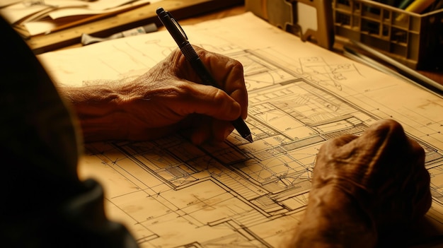 Show a director as an architect drawing blueprints for a movie set representing the detailed planning and construction of a films world