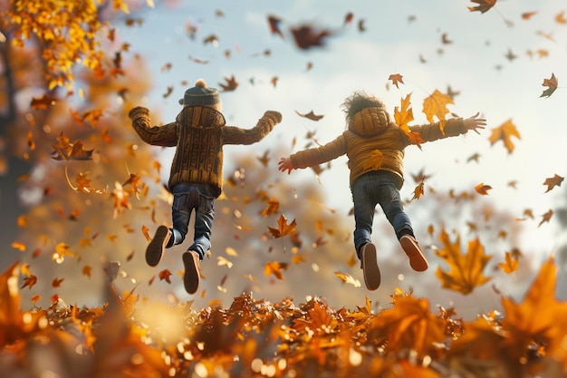Foto mostra i bambini che saltano in un mucchio di foglie d'autunno