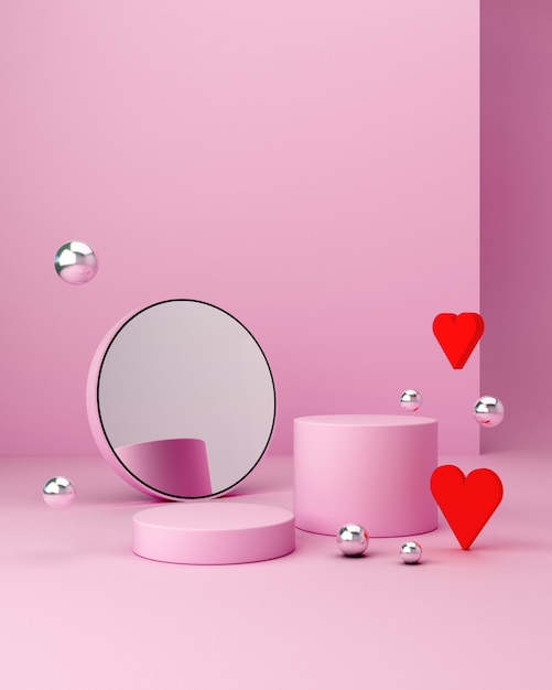 Show a product. Empty scene with cylinder mirror, spheres and podium. Pastel pink minimal wall and hearts. Fashion showcase, display case, shopfront.