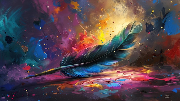 Show a quill pen not writing but painting dreams and ideas onto a canvas of reality with each stroke a burst of color