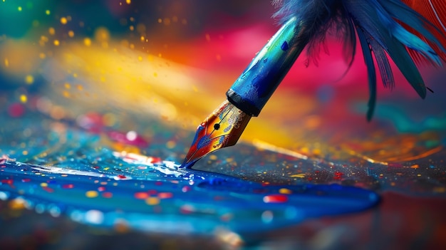 Show a quill pen not writing but painting dreams and ideas onto a canvas of reality with each stroke a burst of color