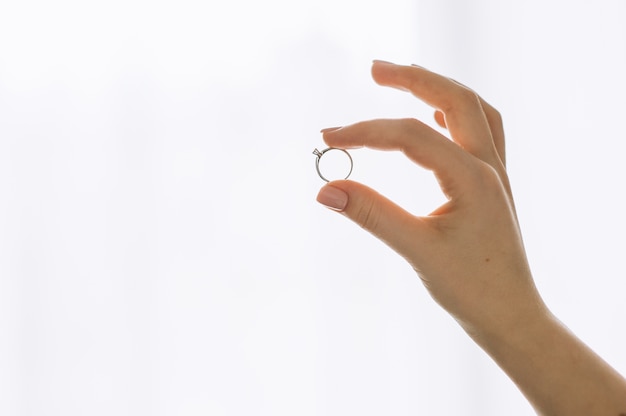 Photo show ring on finger isolated on white background