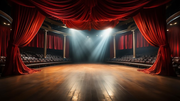 Show stage with red curtains are opening with spotlight performance lights showing