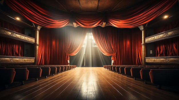 Show stage with red curtains are opening with spotlight performance lights showing