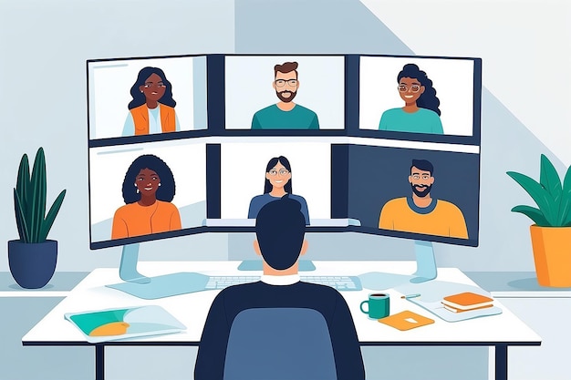 Show a virtual team meeting with diverse colleagues on a video call