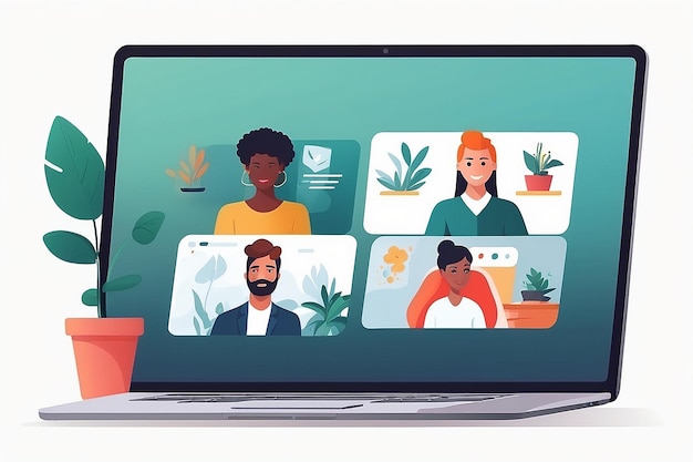 Show a virtual team meeting with diverse colleagues on a video call