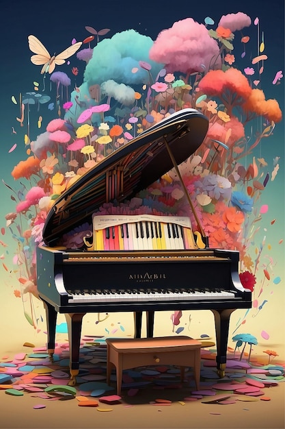 Photo show a whimsical piano with colorful keys studio ghibli 8k hand drawn emotional ultra hd