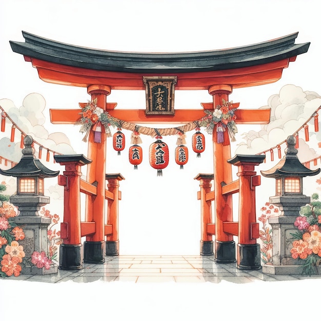 Foto showa dag waterverf illustratie met traditionele japanse torii poort