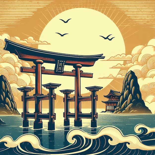 Showa day retro background with traditional japanese torii gate