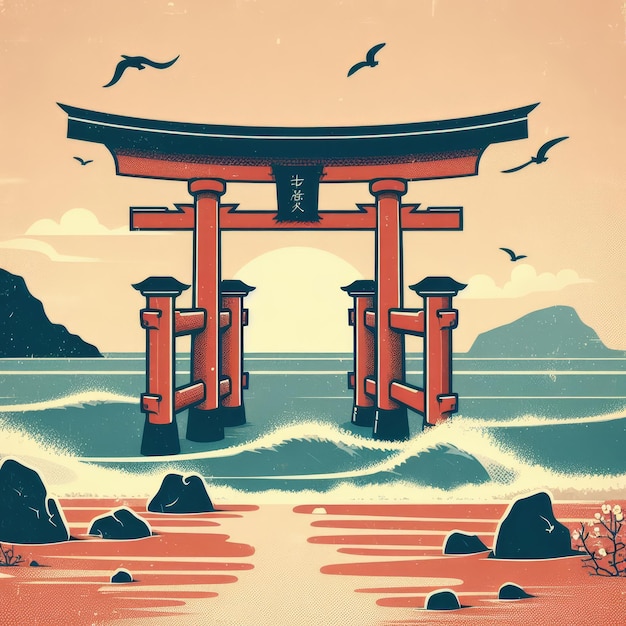 Photo showa day retro background with traditional japanese torii gate