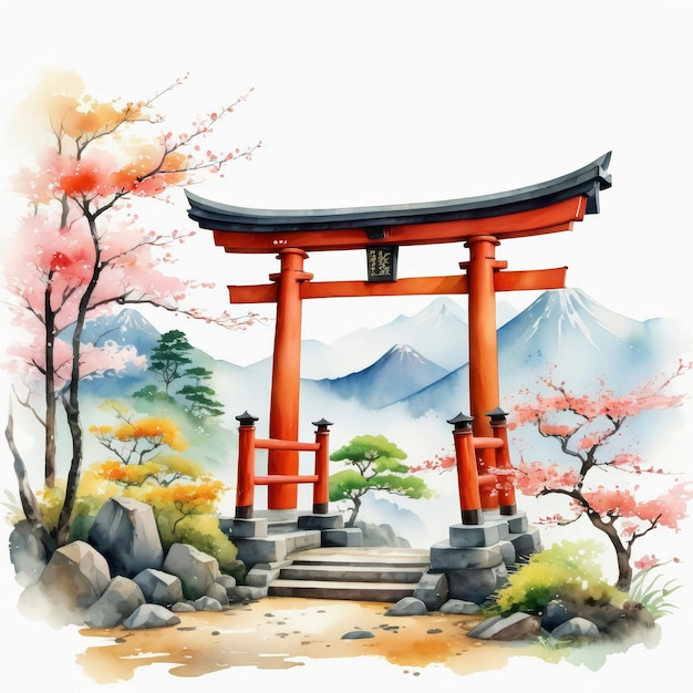 Акварельная иллюстрация дня Шова с традиционными японскими воротами тори