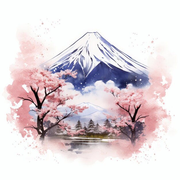 桜の花がく富士山のシーンを描いた昭和の日水彩画