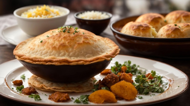 Showcase the art of Bhature presentation by capturing a closeup shot of a plate adorned with perfec