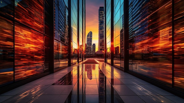 Showcase the beauty of modern architecture in a bustling cityscape with a wideangle lens at sunset