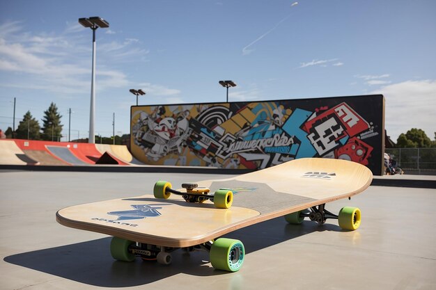 Foto mostra la tavola di fronte a un parco skateboard per le attrezzature da skateboard