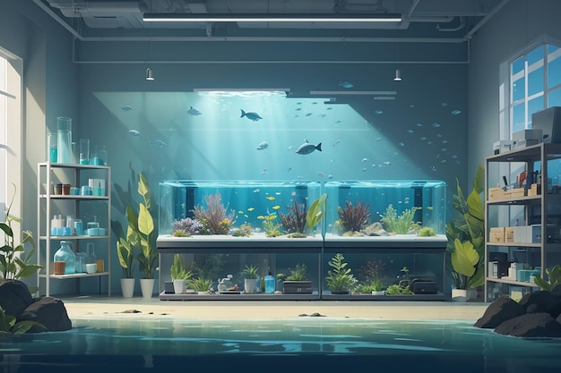 Showcase a corner of the lab dedicated to studying the effects of pollution on aquatic ecosystems vector illustration in flat style