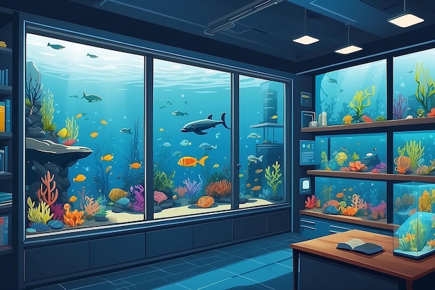 Showcase a corner of the lab dedicated to studying the impact of climate change on marine life vector illustration in flat style