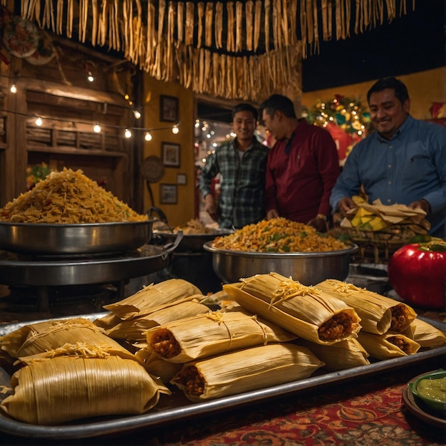 Showcase the cultural significance of tamales with images of them being enjoyed during holidays fes
