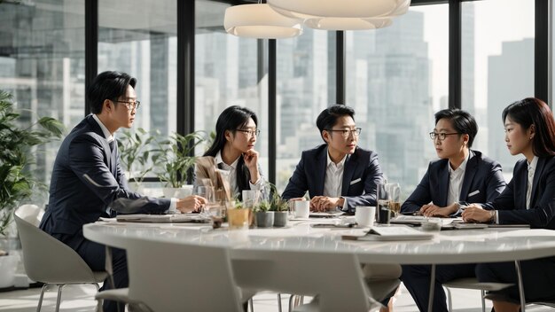 Showcase the dynamics of a diverse Asian business team during a meeting at a white desk highlightin