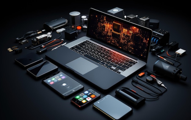 Showcase of Electronic Items on Black Background