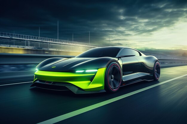 Showcase the futuristic power of a light green and black electric car speeding down a sleek highway