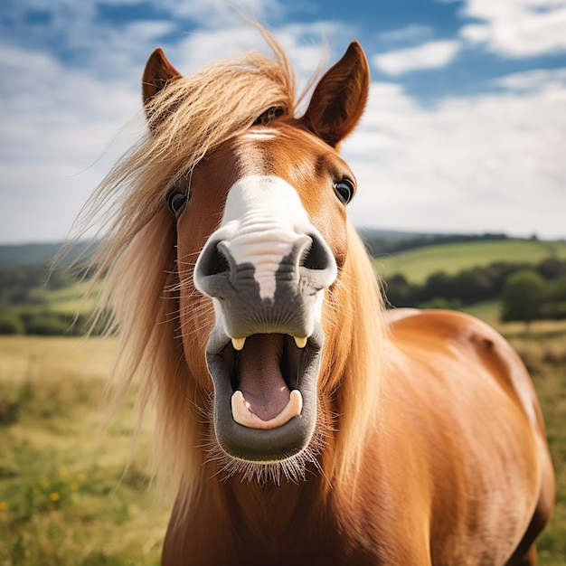 Foto mostra un cavallo che esprime felicità