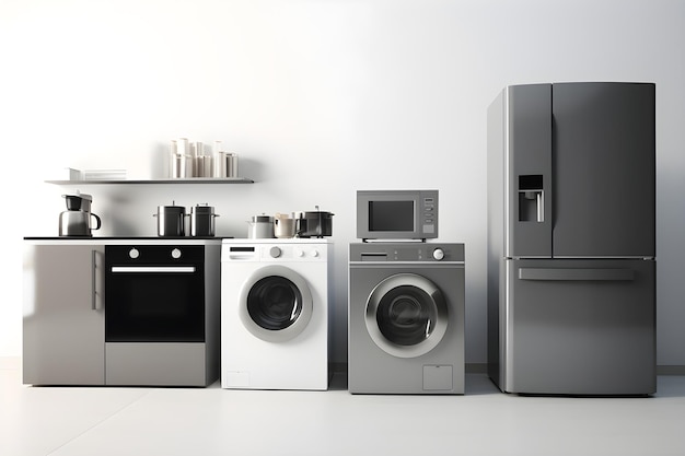 사진 하 배경에 대한 현대 가전제품의 전시장 냉장고 세탁기 마이크로파