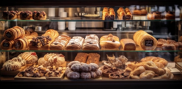 Showcase of a pastry shop with different buns and pastries