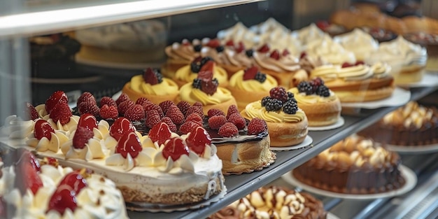 Showcase of a pastry shop with different cakes