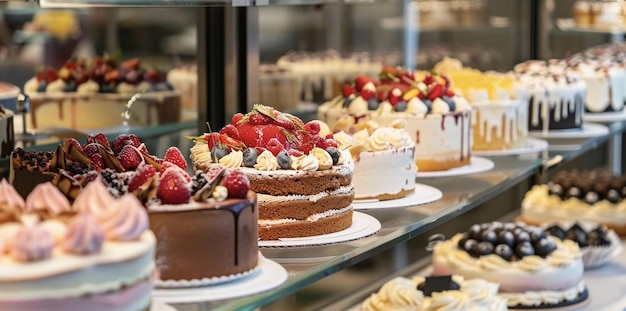 Showcase of a pastry shop with different cakes