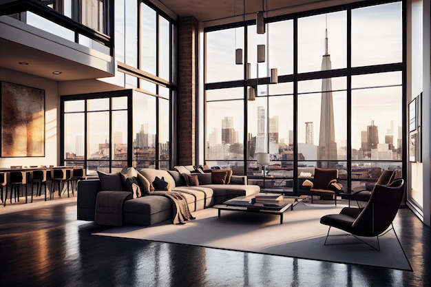 Showcase penthouse with floortoceiling windows overlooking the city skyline