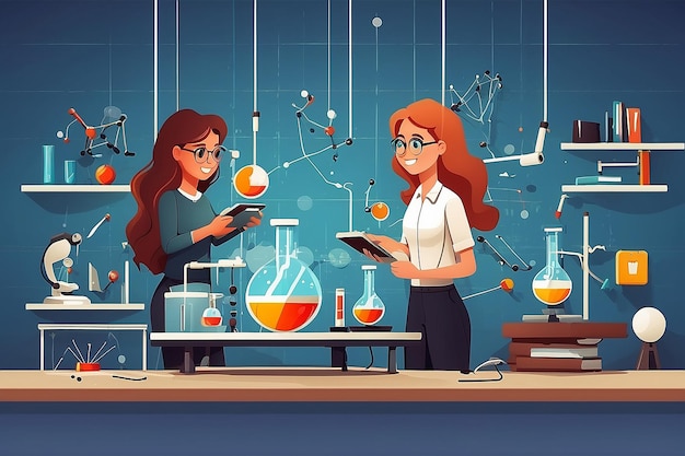 Photo showcase a physics lab with students experimenting with the principles of magnetism and electromagnetism vector illustration in flat style