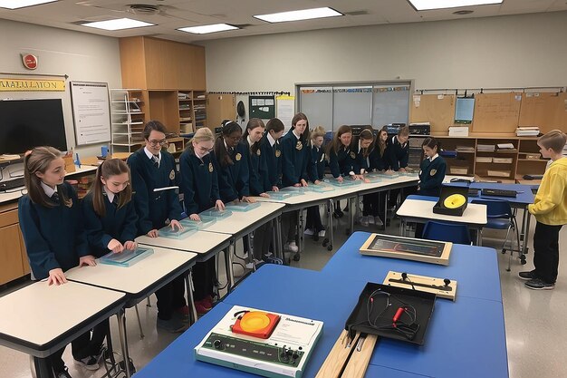 showcase a physics lab with students experimenting with sound waves and frequencies
