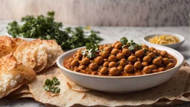 Showcase a plate of delicious Chole Bhature against a clean and crisp white background highlighting