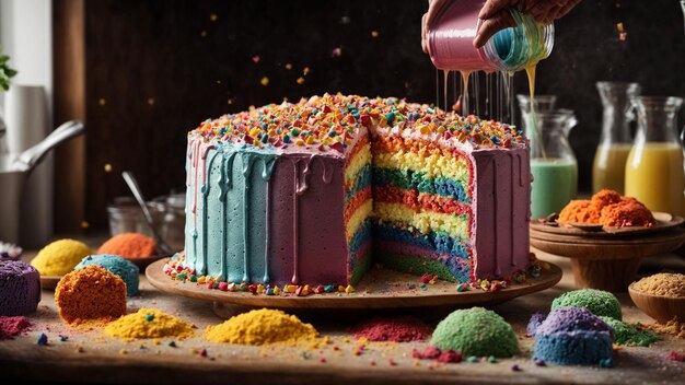 Showcase the process of creating a rainbow cake from start to finish Capture key moments such as mi