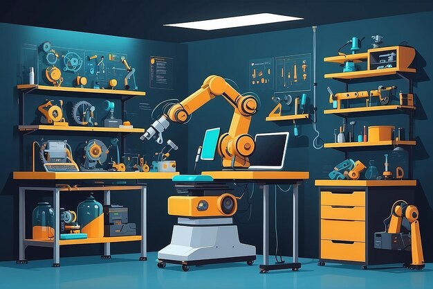 Photo showcase a robotics lab with spare parts tools and a workbench for assembling robotic components