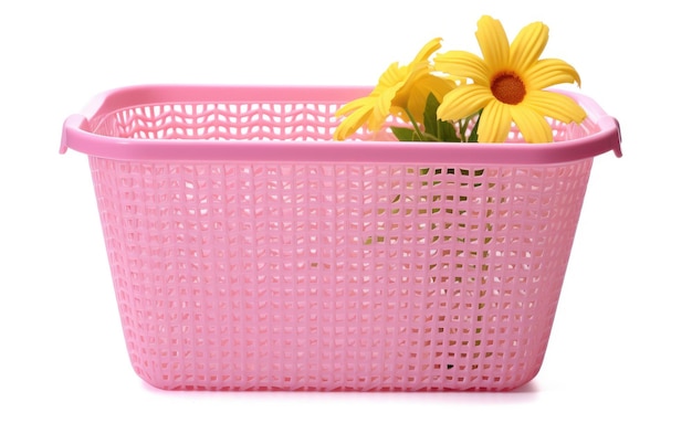 A showcase of storage grace with a plastic storage basket featuring a single floating flower isolated on white background