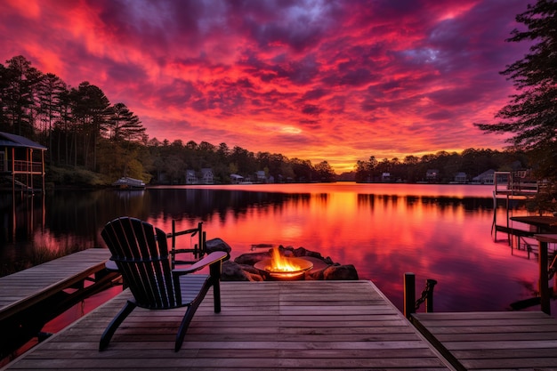 Showcase the vibrant palette of colors as the sun sets behind a tranquil lakeside