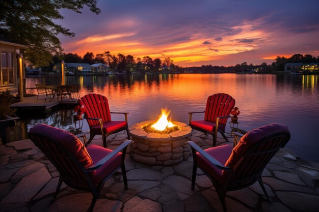 Showcase the vibrant palette of colors as the sun sets behind a tranquil lakeside
