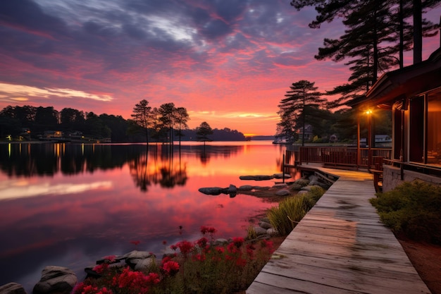 Showcase the vibrant palette of colors as the sun sets behind a tranquil lakeside
