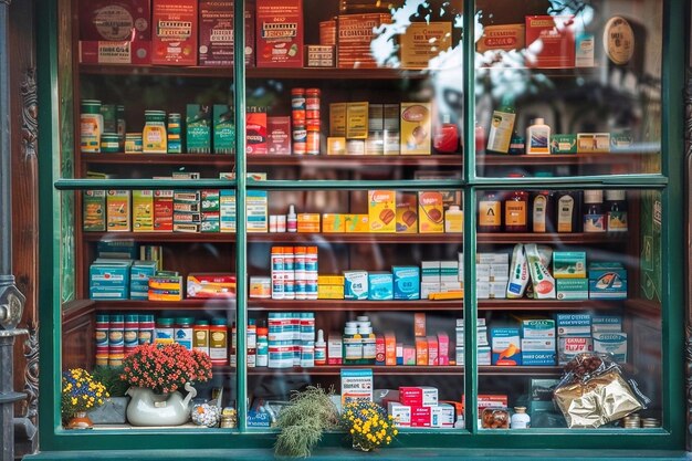 Showcase with a lot of medicines on the shelf