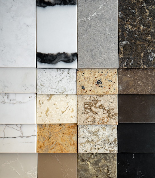 Showcase with samples of decorative stone texture of natural marble for interior