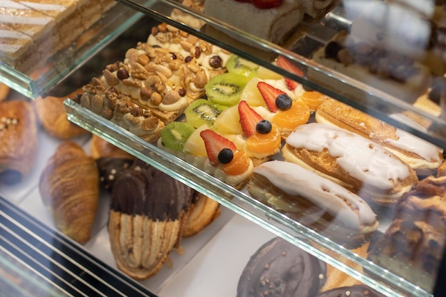 Showcase with sweets and pastries of many varieties Very colorful Selective focus