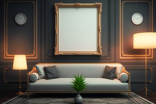 Showcase your artwork or designs in style with this frame mockup set against a modern classic living room interior background Ideal for presentations