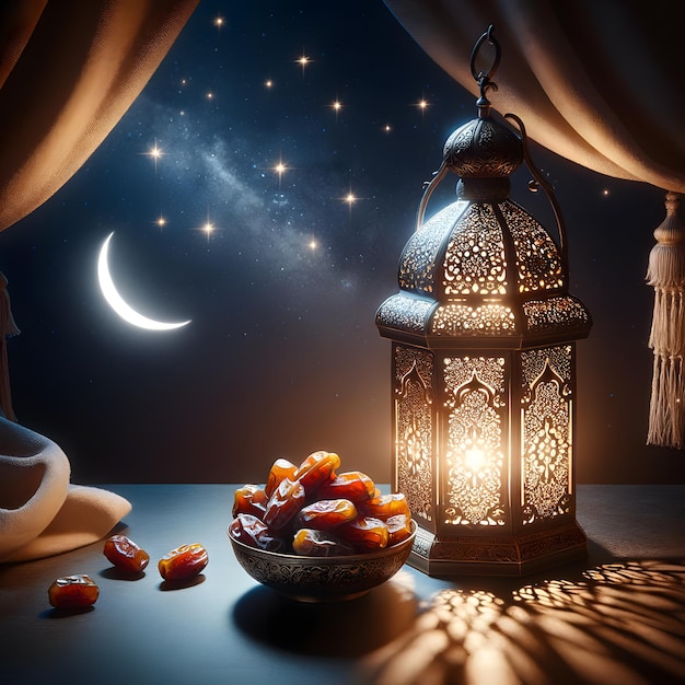 showcasing a beautifully lantern beside a bowl of dates