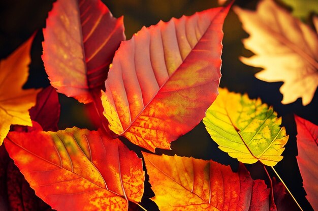 Showcasing a closeup view of colorful autumn leaves on a background