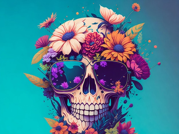 Showcasing a dead skull wearing sunglasses and set against a backdrop of dynamic flow splashes