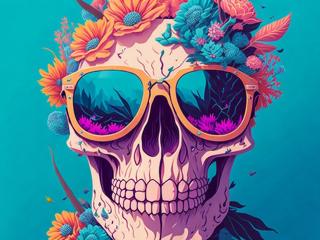 Showcasing a dead skull wearing sunglasses and set against a backdrop of dynamic flow splashes