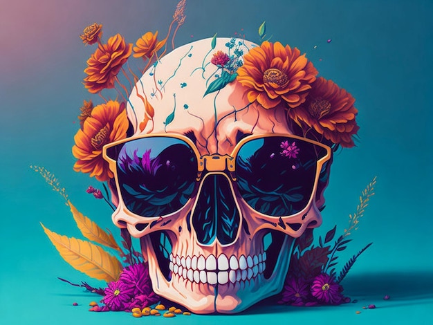 Showcasing a dead skull wearing sunglasses and set against a backdrop of dynamic flow splashes