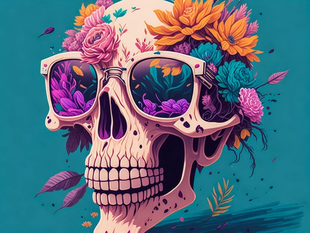 Showcasing a dead skull wearing sunglasses and set against a backdrop of dynamic flow splashes